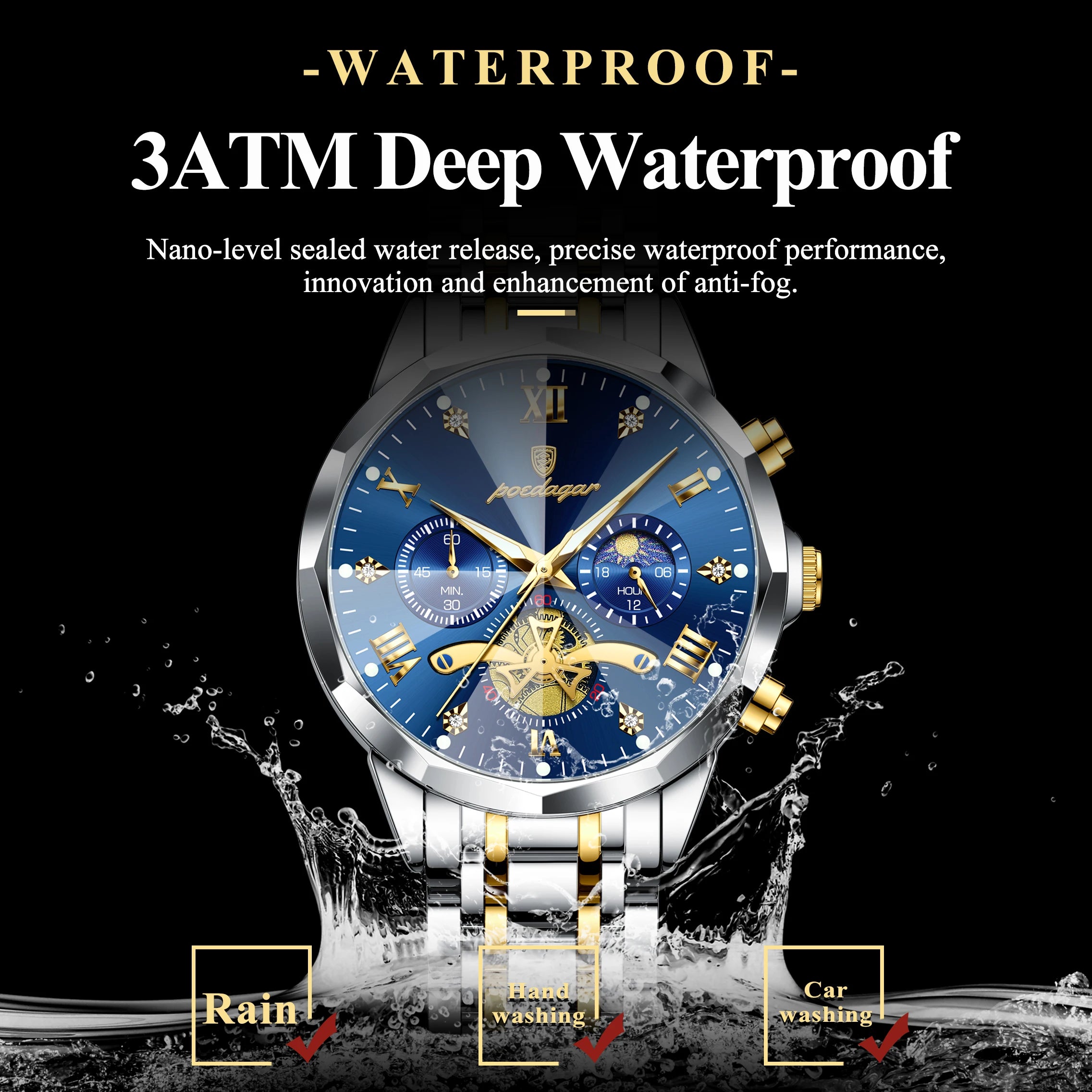 POEDAGAR Exquisite Business Men Watch Waterproof Luminous Chronograph
