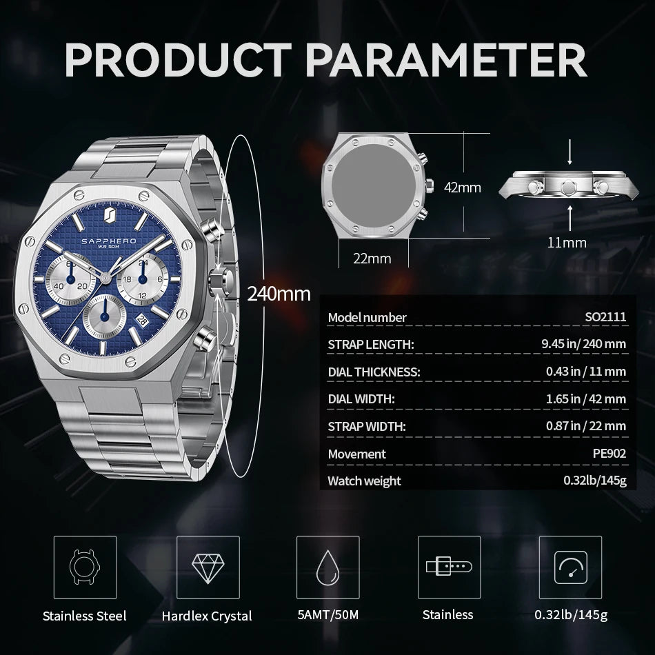 SAPPHERO Men's Watch Waterproof watch Chronograph function Date