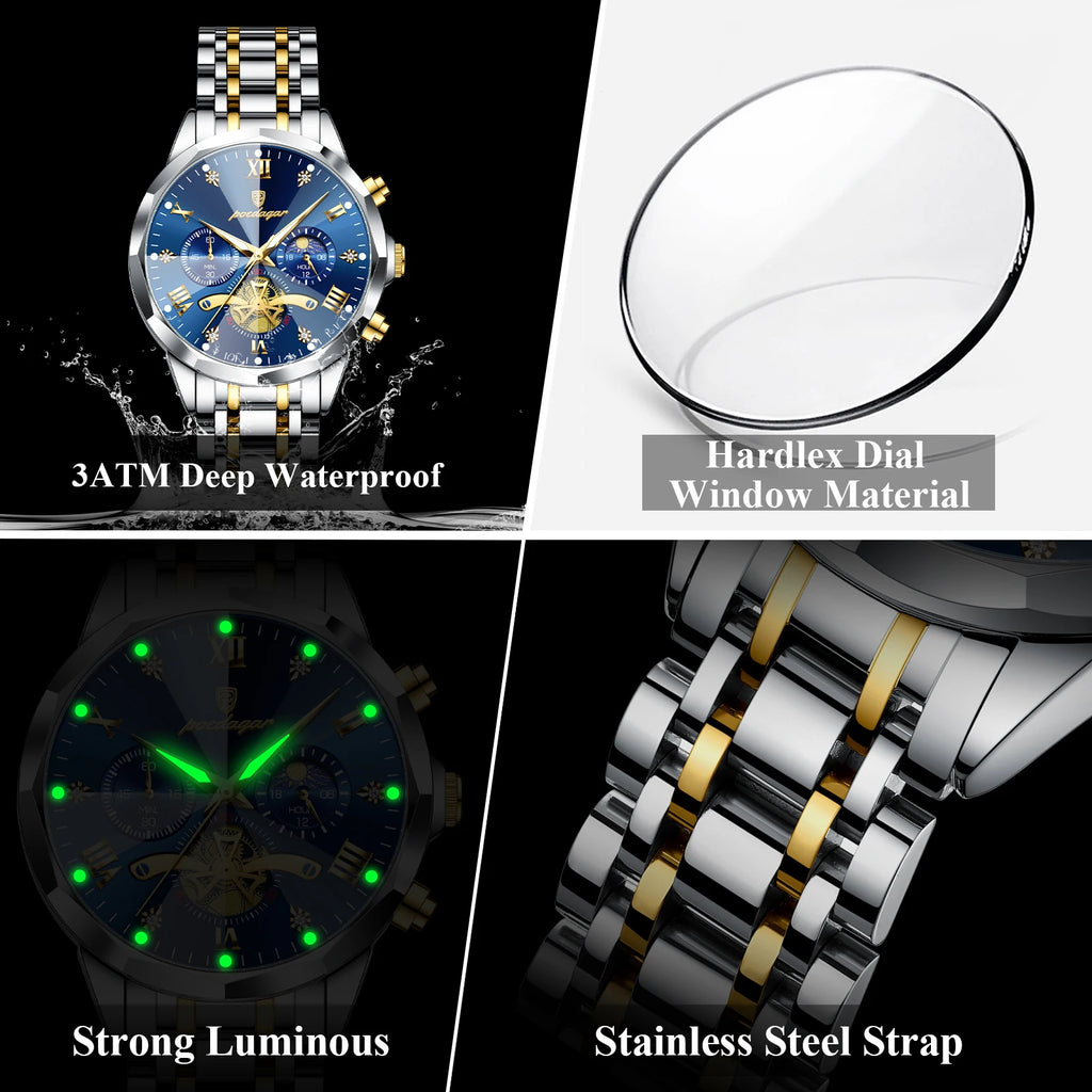 POEDAGAR Exquisite Business Men Watch Waterproof Luminous Chronograph