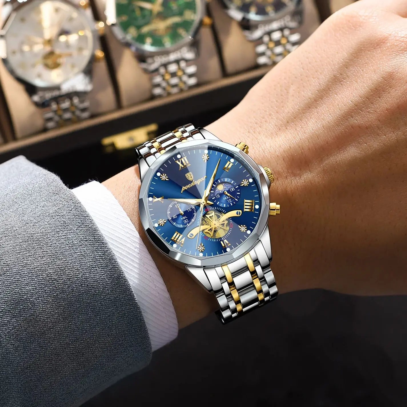 POEDAGAR Exquisite Business Men Watch Waterproof Luminous Chronograph