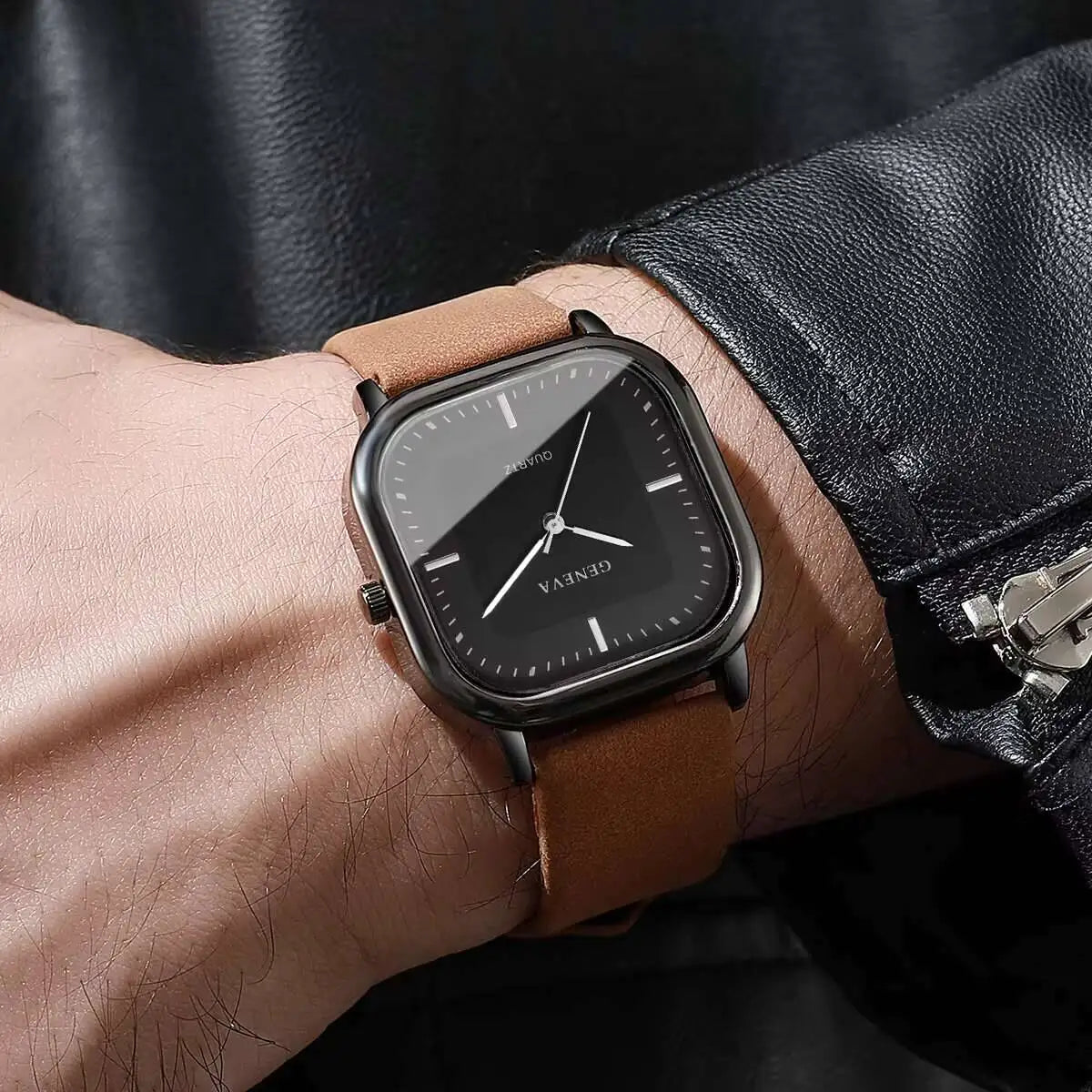Fashion Square Minimalist Men's Quartz Watch Casual Leather Strap
